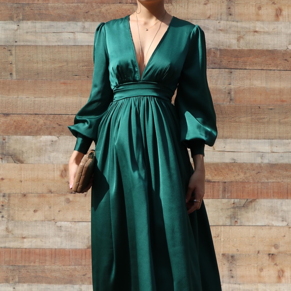 Maxi Dress Hunter Green Flowy Long Sleeve sz S M L